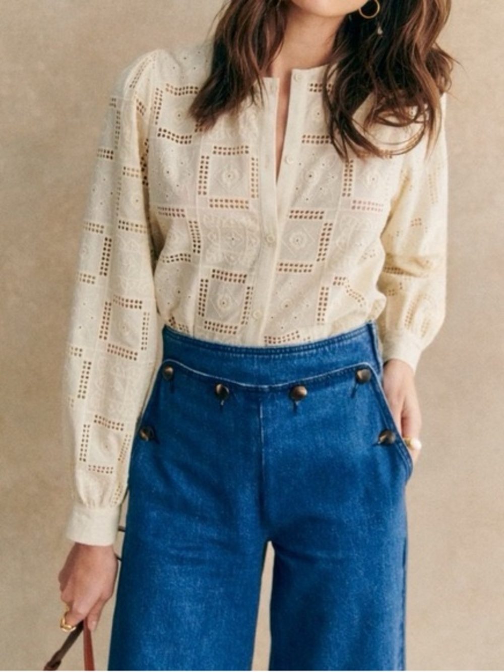 Sezane Amerie Shirt Ecru Eyelet Button-Front Blouse - Picture 2 of 5